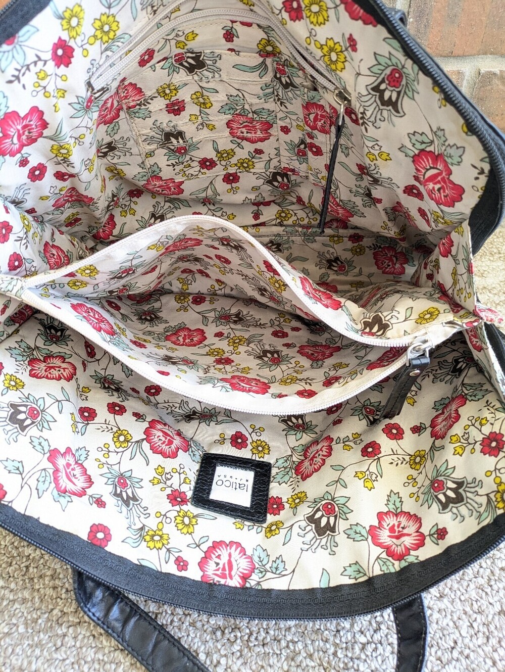 Latico Black Leather Tote Bag Floral Lining Shoulder Purse Laptop Case Briefcase - Picture 8 of 8